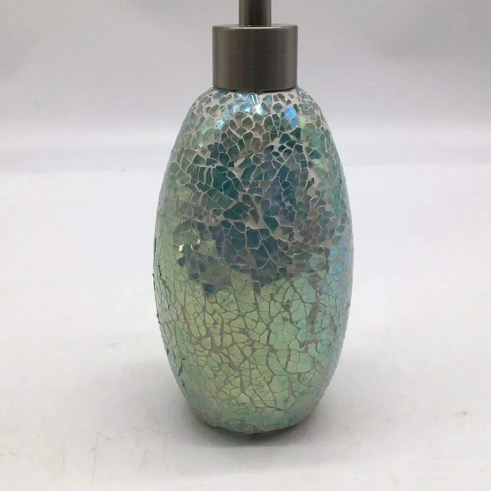 Blue Green Mosaic Glass Silver Tone 8” Soap Lotion Dispenser Never Used READ
